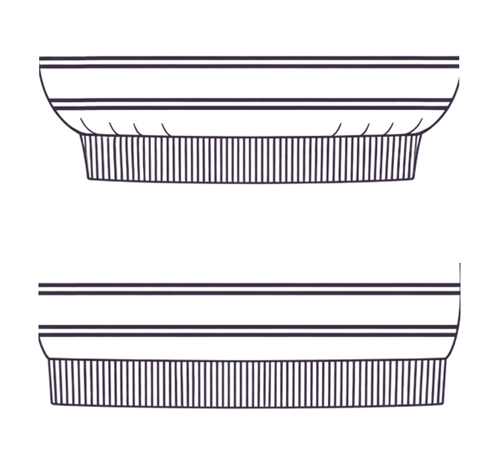 Close-up of the bottom of Collioure’s body: at the top, the gathered finish, drawn in above the ribbing; at the bottom, the relaxed finish, falling straight