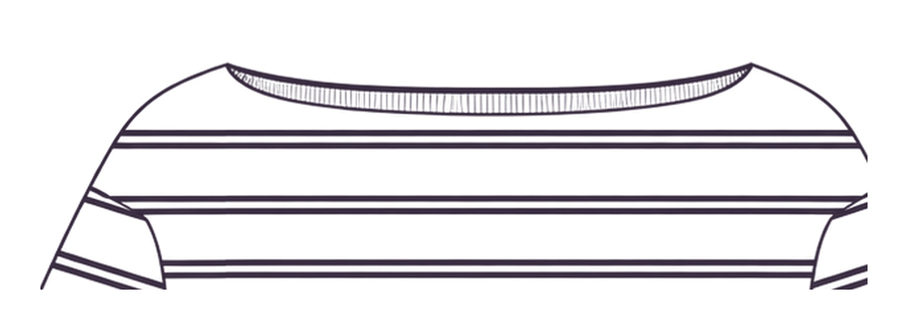 Close-up of the top of Collioure: the wide neckline edged with ribbing and the top of the striped shoulders, extending onto the arm