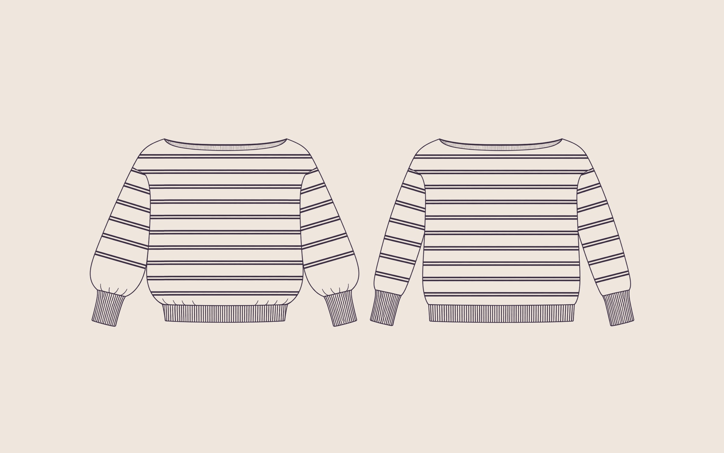 Schematic of Collioure, a wide-striped marinière, in its two versions: balloon sleeves with a gathered body, fitted sleeves with a relaxed body