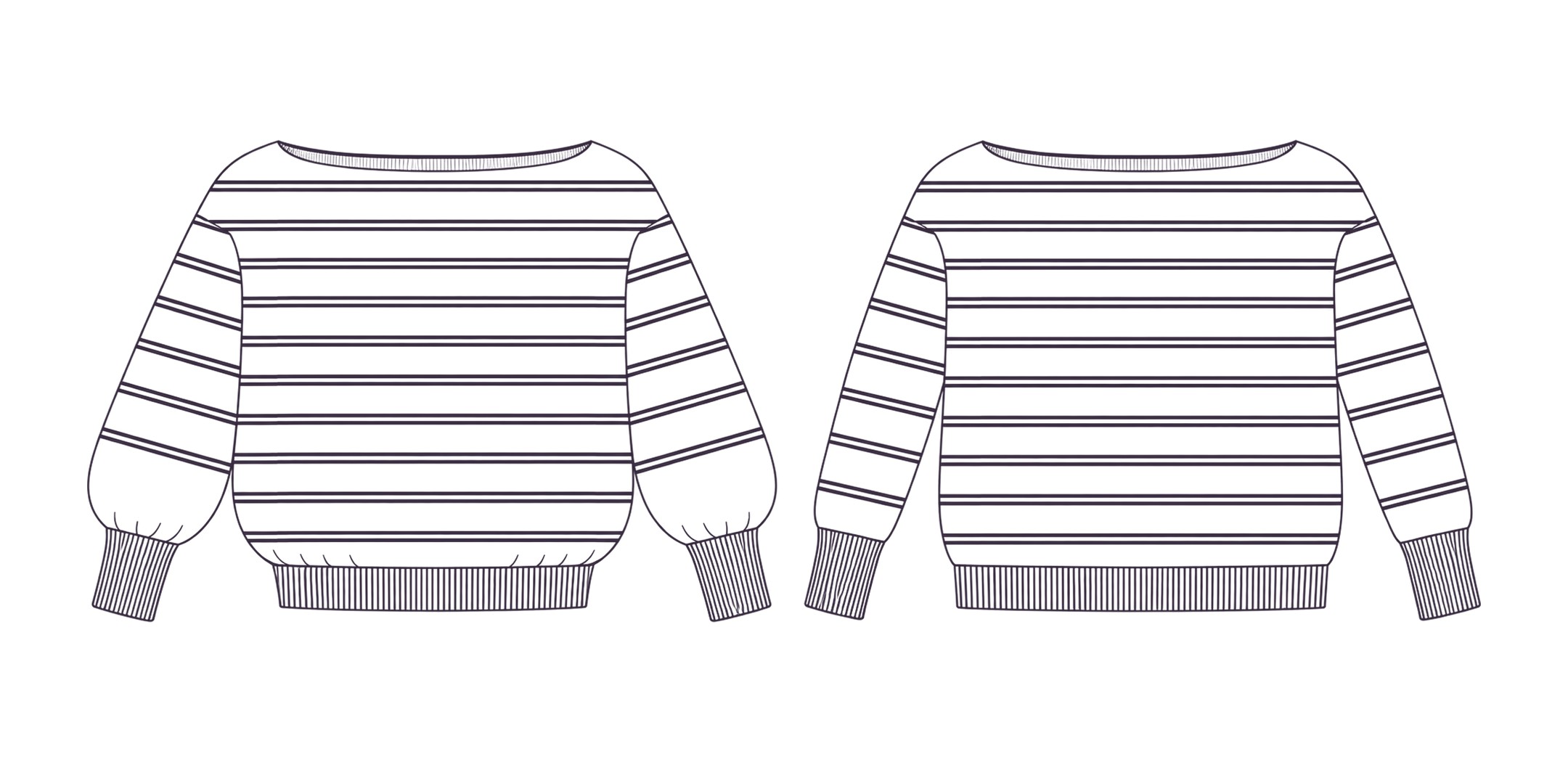 Technical schematic of Collioure seen from the front, with balloon sleeves and a gathered body on the left, and fitted sleeves and a relaxed body on the right